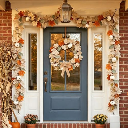 2 Pack Fall Garland with Pumpkins and Berries – 6ft Artificial Maple Leaf Garlands with Cream and Orange Leaves for Thanksgiving, Fireplace, Front Door, Farmhouse Autumn Decorations