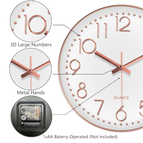 Modern Silent Wall Clock - 12 Inch Wall Clocks Battery Operated Large Number, Non-Ticking Analog Clock with Tempered Glass Quartz Clocks for Living Room Bedroom Office Kitchen, Rose Gold - color: Rose Gold, size: 12 Inch