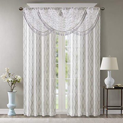 Madison Park Diamond Embroidered Sheer Ascot Valance, 38x46 White/Grey - color: White/Grey, size: 38"W x 46"L (Pack of 1)