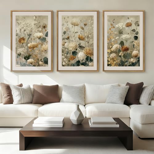 Anyzal Large Neutral Wildflower Farmhouse Framed Wall Art 16x24 Inch Vintage Floral Canvas Wall Decor Olive Botanical Art Prints for Living Room Bedroom Dining room - color: Vintage floral, size: 24"L x 16"W