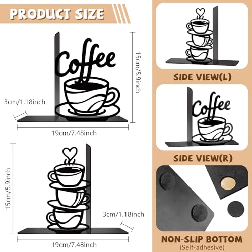 Metal Bookends Coffee Bookends Decorative Cute Book Ends for Shelves Bookshelf Home Office Desk Reading Decor Bookshelf Decor for Book Lovers Gift - color: Black - 1 Pair Coffee Cup