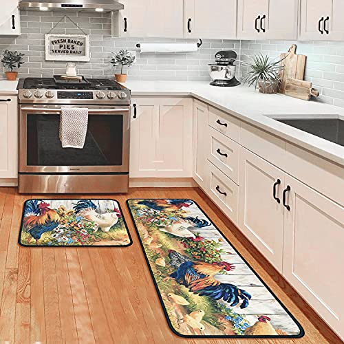 Rooster Kitchen Rugs and Mats Set of 2, Non Slip Washable Kitchen Runner Rug, Farmhouse Chicken Kitchen Floor Mats, Rustic Country Kitchen Rug Set for Sink, Laundry Room, 17"x30"+17"x47" - color: Rooster
