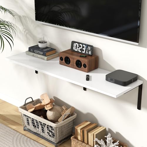 Fun Memories Floating Shelves for Wall, 12 Inch Deep Floating Shelves Set of 2, Wall Mounted Shelf with Metal Brackets, Rustic Wood Wide Shelf for Bathroom, Kitchen and Living Room, White, 48W x 12D - color: White | L Bracket, size: 48"L x 12"D