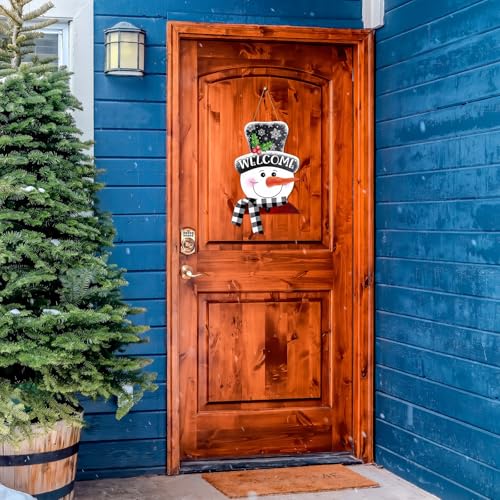 Whaline Winter Snowman Wooden Hanging Sign with Black White Buffalo Plaid Scarf Ribbon Snowman Welcome Sign Xmas Door Decor Sign for Christmas Winter kitchen Indoor Outdoor Porch Wall - style: vivid