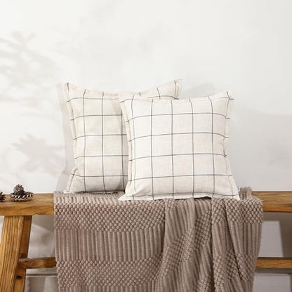 Pure Linen Plaid Throw Pillow Covers 20x20, Set of 2, White - color: White, size: 20x20inch