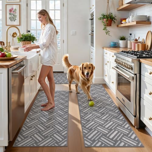 U'Artlines 3-Piece Kitchen Rug Set Basketweave Geometric Floor Mats - color: Basketweave Grey
