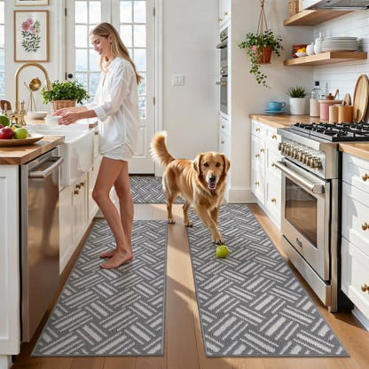 U'Artlines 3-Piece Kitchen Rug Set Basketweave Geometric Floor Mats - color: Basketweave Grey