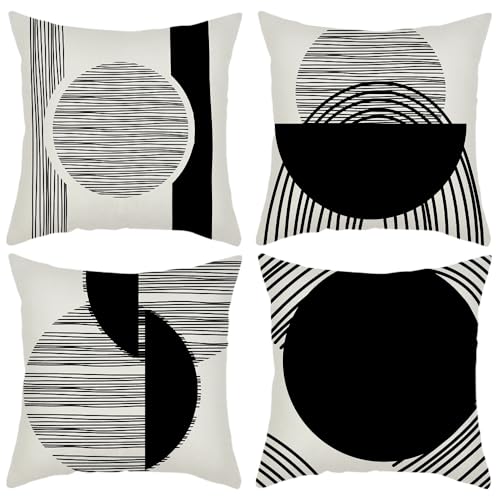 IcosaMro Boho Pillow Covers 18x18 Set of 4 Black and White Mid Century - color: Black Strip & Circle