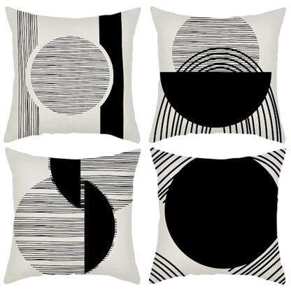 IcosaMro Boho Pillow Covers 18x18 Set of 4 Black and White Mid Century - color: Black Strip & Circle