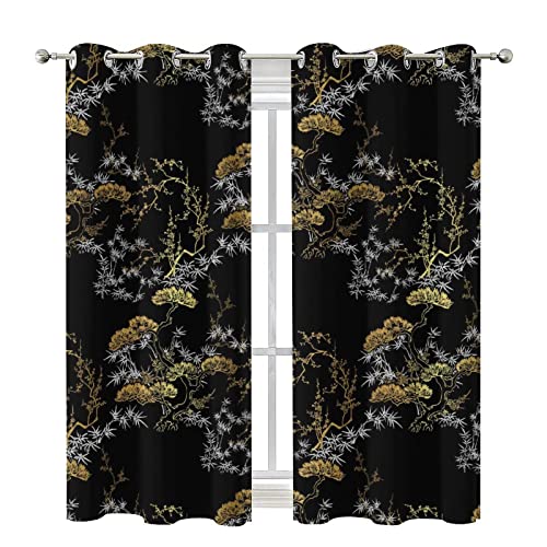 Cool Japanese Curtains,Modern Black Gold Japanese Chinese Pine Pattern Window Drapes Thermal Insulated Grommet Blackout Curtains for Bedroom 2 Panels 54L x 21W - color: Cool Japanese, size: 42"W x 54"L (Pack of 1)