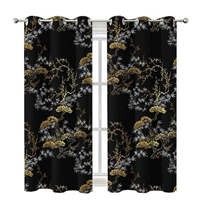 Cool Japanese Curtains,Modern Black Gold Japanese Chinese Pine Pattern Window Drapes Thermal Insulated Grommet Blackout Curtains for Bedroom 2 Panels 54L x 21W - color: Cool Japanese, size: 42"W x 54"L (Pack of 1)