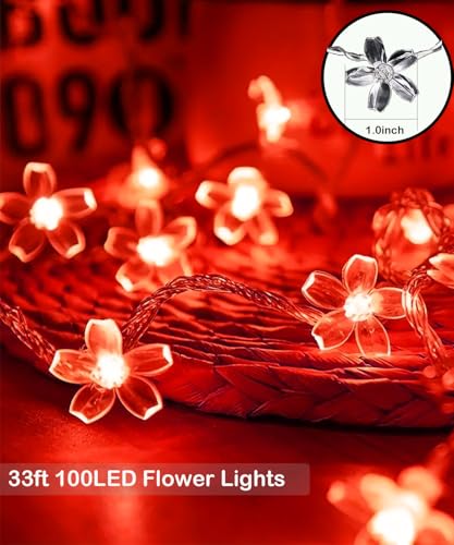 100 LED 33ft Red Cherry Blossom Flower Lights Valentine'S Day Wedding Decor - color: Red