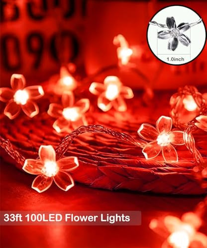 100 LED 33ft Red Cherry Blossom Flower Lights Valentine'S Day Wedding Decor - color: Red