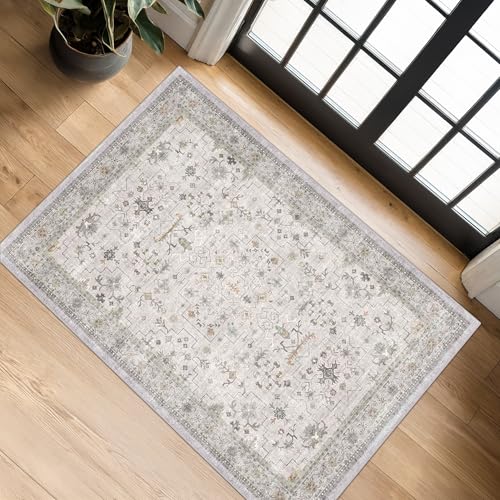 Washable 2x3 Throw Rugs for Entryway, Front Door Mat, Low Pile Non-Slip Small Area Rugs for Kitchen, Bathroom, Powder Room, Mudroom, Neutral Light Gray & Sage with Floral Accent - color: Light Gray / Sage, size: 2' x 3' (Rectangular)