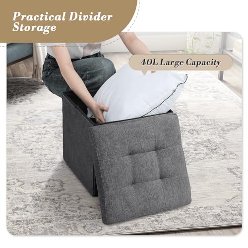 Athena Collection 15" Storage Ottoman Bench Folding Bench with 40L Hidden Storage, Small Cube Ottoman Linen Foot Rest Stool Chest with Flipping Lid for Living Room, Bedroom, Entryway, Dark Gray - color: Dark Gray, style: 15" Linen