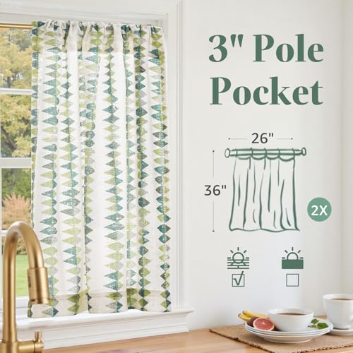 jinchan Sage Green Boho Linen Kitchen Tier Curtains 36 Inches 2 Panels - color: Tribal | Sage Green on Linen, size: 26"W x 36"L (Pack of 2)