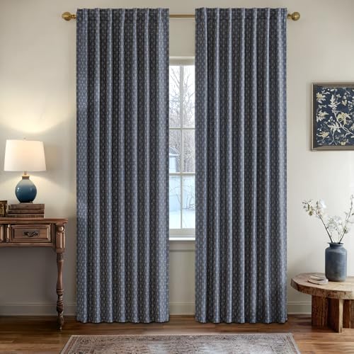MIULEE Patterned Farmhouse Linen Curtains, Back Tab, 52Wx96L, Blue - color: Blue, size: 52"W x 96"L (Pack of 2)