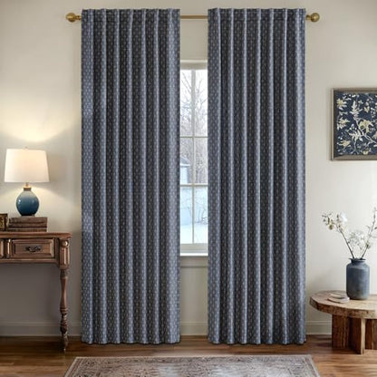 MIULEE Patterned Farmhouse Linen Curtains, Back Tab, 52Wx96L, Blue - color: Blue, size: 52"W x 96"L (Pack of 2)
