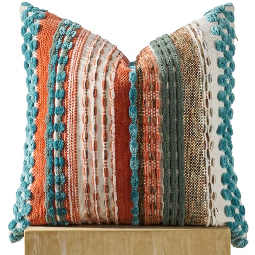 AmHoo Chenille Tufted Striped Textured Boho Throw Pillow Covers Aesthetic Woven Decorative Pillow Case for Couch Bed Sofa Bedroom Modern Funky 18 x 18-Inch Turquoise Multicolor - color: Turquoise Multicolor, size: 18" x 18" (Pack of 1)