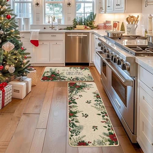 Baccessor Christmas Kitchen Rugs Set of 2, 17x29 and 17x47 Inch - color: Holly Berry