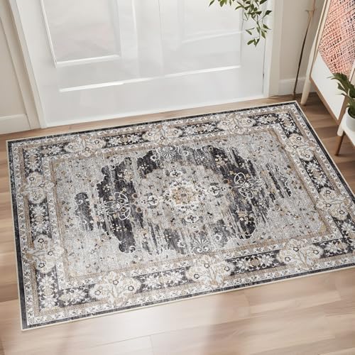 2x3 Washable Entryway Area Rug - Non-Slip Boho Throw Rugs Black Gray - color: Black/Gray, size: 2' x 3' (Rectangular)