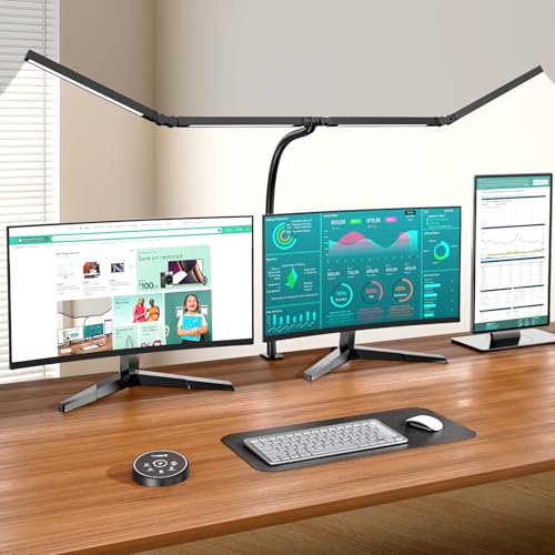 Pzloz Led Desk Lamps for Home Office - Eye Caring Architect Lamp with Clamp, Double Head Computer Monitor Work Desk Light with Remote Control: 24W Flexible Dimmable Desktop Table Lamp - color: Dark Black