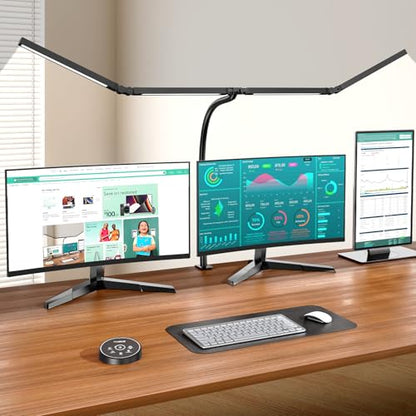 Pzloz Led Desk Lamps for Home Office - Eye Caring Architect Lamp with Clamp, Double Head Computer Monitor Work Desk Light with Remote Control: 24W Flexible Dimmable Desktop Table Lamp - color: Dark Black