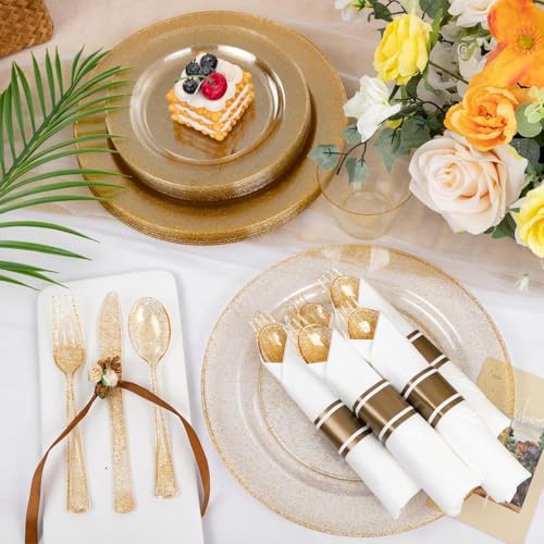 WELLIFE 210Pcs Gold Glitter Dinnerware Set, Gold Glitter Disposable Dinnerware for 30 Guests, Include: 30Dinner Plates, 30Dessert Plates, 90Gold Glitter Silverware, 30 Cups, 30 Paper Napkins - color: Gold Glitter, style: 210PCS（30 Guests）