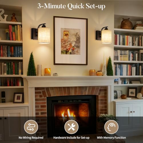 BELS 8 Inch Battery Operated Wall Sconces Set of 2, Farmhouse Black Wall Lights Fixture with Fabric Shade, 3 Colors Temperature, Remote Control, Dimmable, Wall Sconces for Mirror, Bathroom, Bedroom - color: Fabric