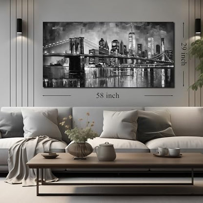 MDHKVPM Brooklyn Bridge Canvas Wall Art For Living Room Large Size - color: Black and White, size: 58"L x 29"W