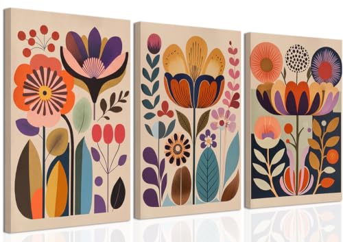 Scandinavian Flower Canvas Wall Art Mid Century Colorful Floral Wall Decor - color: Colorful Flowers, size: 16L"x12W"