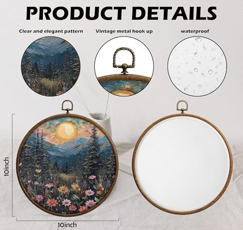 Moonlit Pine Tree Moon Round Wall Art, Full Moon Wall Decor, Woodland Round Artwork for Wall, Wild Flower Circular Wall Decor with Hanging Hook Home Bedroom Living Room Bathroom Kitchen Office, 9 - color: Moonlit Pinepine08