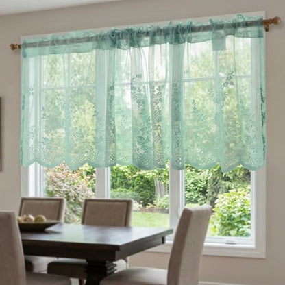 Molaxhome Kitchen Curtains Valance Blue Lace Floral Semi Sheer Curtain - color: Blue-green, size: 54"W x 35"L (Pack of 1)