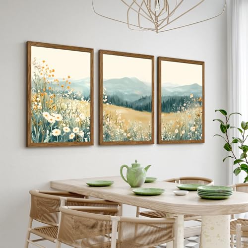 AVECCO 3 Pieces Wildflower Meadow Mountain Framed Canvas Wall Art 20x30 in - color: Mountain flowers, size: 30"L x 20"W