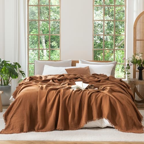 MooMee 100% Cotton Muslin Blanket, Fringed 4-Layer Gauze Bed Throw Blankets - color: Drak Orange, size: Oversize Queen