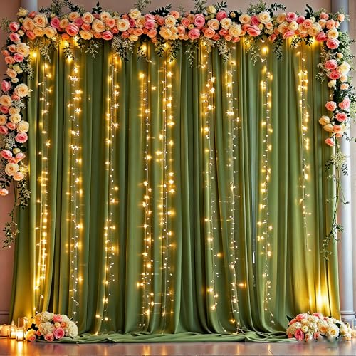10 x 10ft Olive Green Backdrop Curtains with Lights String - color: Olive Green, size: W5' x H10'(2 panels)