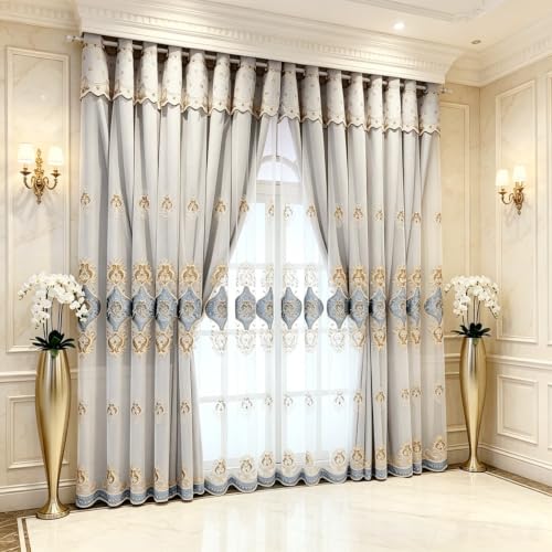 Amidoudou 1 Pair European Double Layer Curtains with Sheer Curtains for Living Room Bedroom Luxury Embroidered Blackout Curtains (Dark Gray,52x96 Inch) - color: Dark Gray, size: 52"W x 96"L (Pack of 2)