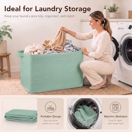 OIASKET 95L Extra Large Blanket Basket, 24" x 16.9" x 14.2" Woven Basket - color: Green, size: 24"x16.9"x14.2"