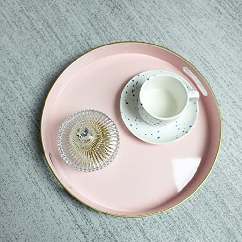 Spsyrine Round Pink Decorative Tray, 13" Plastic Serving Table Tray with Handles for Breakfast, Ottoman, Coffee Table, Bathroom, Kitchen, Living Room - color: Pink