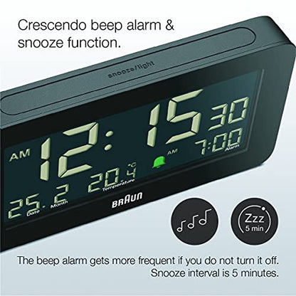 Braun Digital Alarm Clock with Date, Month and Temperature Displayed, Negative LCD Display, Quick Set, Crescendo Beep Alarm in Black, Model BC10B (1-Pack) - color: Black