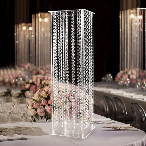 Efavormart 32" Heavy Duty Acrylic Flower Pedestal Vase with Hanging Crystal Beads, Clear Pillar Stand Wedding Table Centerpieces with Pre-Chained Garlands - 5mm Thick Plates - size: 32‘’x11''