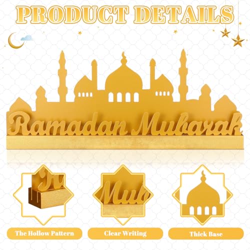 13.78 Inch Metal Ramadan Table Sign Ramadan Mubarak Letter Sign Eid Decorations for Home Muslim Golden Palace Islamic Table Centerpiece for Islamic Home Office Kitchen Party Decor Gifts - style: Modern