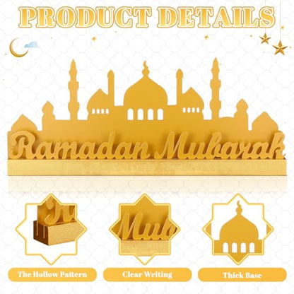 13.78 Inch Metal Ramadan Table Sign Ramadan Mubarak Letter Sign Eid Decorations for Home Muslim Golden Palace Islamic Table Centerpiece for Islamic Home Office Kitchen Party Decor Gifts - style: Modern