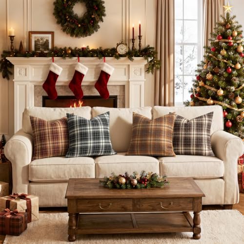 MIULEE Tartan Plaid Throw Pillow Covers Fall 18x18 Inch Brown - color: Brown, size: 18" x 18" (Pack of 2)