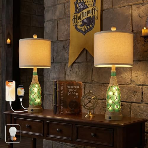 OYEARS 23'' Boho Table Lamps with Night Light for Living Room, Bedside Lamps Set of 2 with A+C Charging Ports for Bedroom, Farmhouse USB Lamps for Nightstand Console, Glass Bottle Rope Base, Green - color: Green