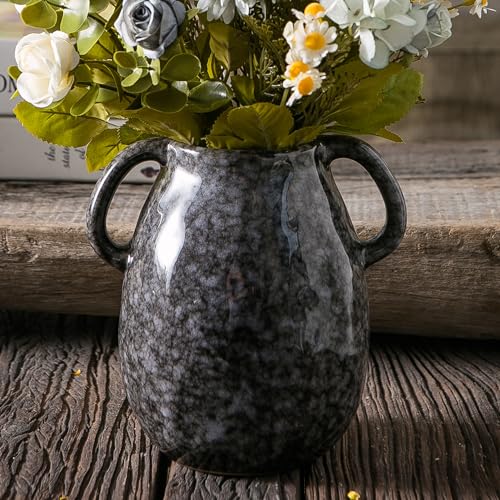 Tanvecle Black Ceramic Vase with Handles, 7" Modern Farmhouse Decor - color: Black