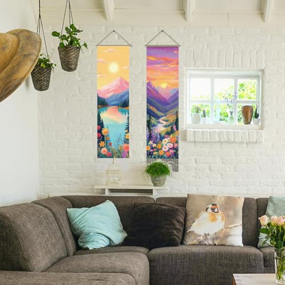 AHANDMAKER 2Pcs Colorful Sunrise and Sunset Tapestry, Mountain River Landscape Long Vertical Wall Hanging, Nature Scenery Tassel Wall Aesthetic Tapestry for Bedroom Living Room, 45.7x13Inch - color: Sunrise and Sunset
