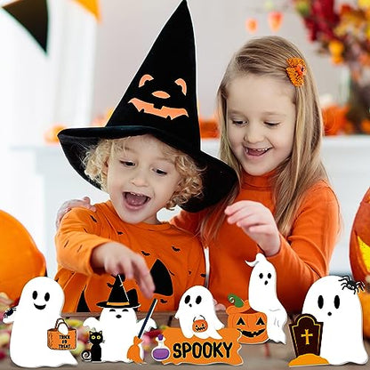 Huwena 9 Pcs Halloween Wooden Ghost Table Decoration Halloween Ghosts Signs