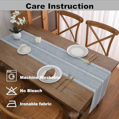 Gernaice 2PCS Boho Table Runner, Rustic Cotton Linen Farmhouse Table Runners for Dresser End Coffee Table Home Decor, 24" L X 13" W Blue - size: 2PCS 13" X 24", style: Hemstitched Blue