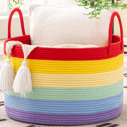 KAKAMAY Large Blanket Basket with Handles, Storage Basket for Living Room - color: Rainbow